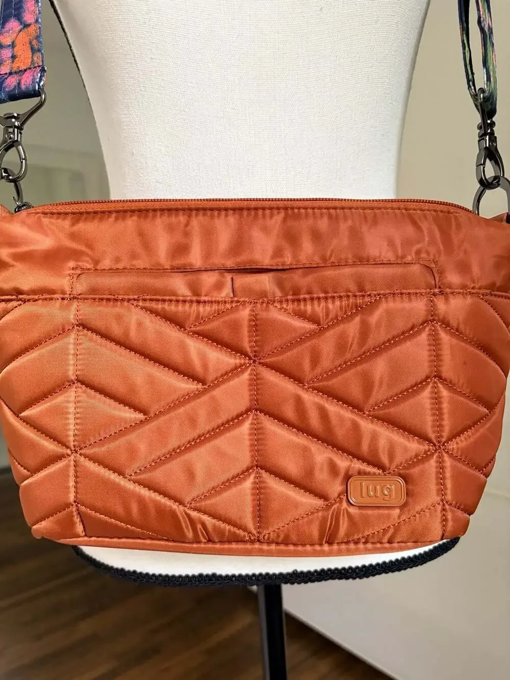 Lug Flare Quilted Crossbody Bag in Copper Brown with Floral Strap